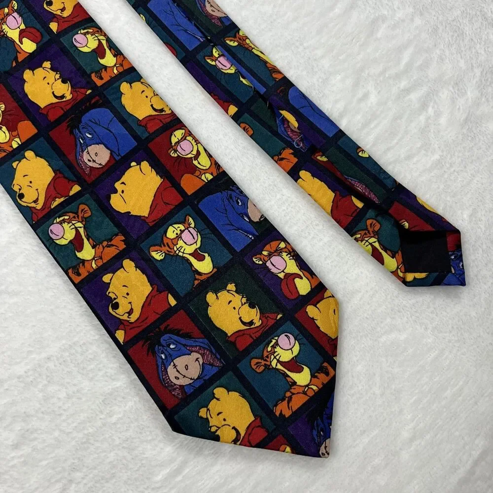 Disney Winnie the Pooh Mens Necktie Vintage Multicolor Character Squares Tie